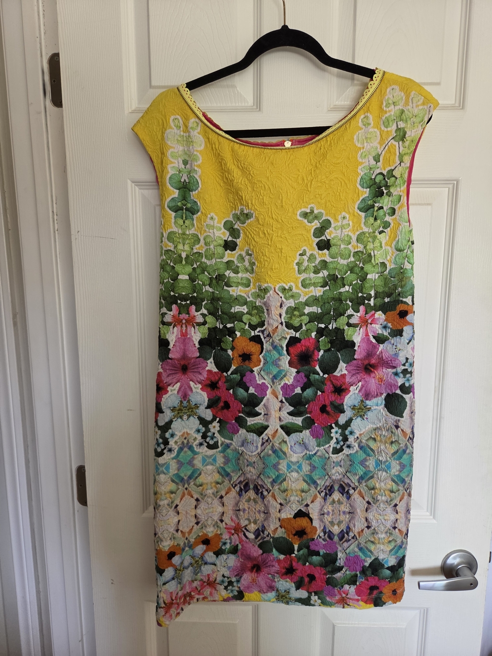 Hale Bob Yellow Floral Shift Dress with Pink & Green Accents